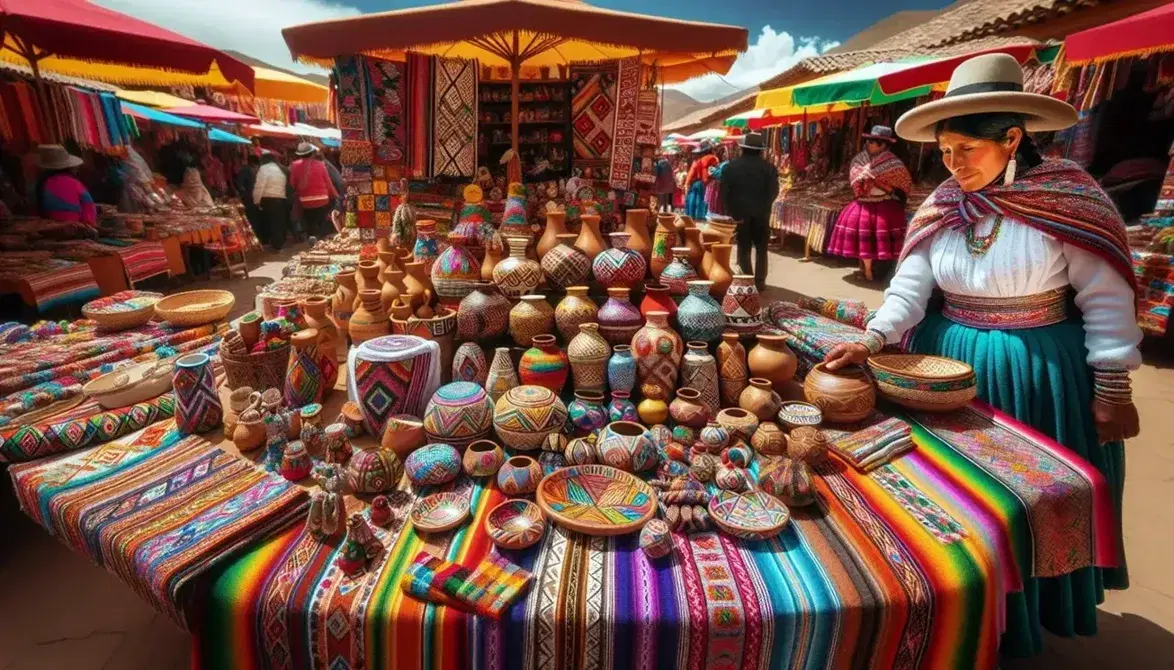 Mercado tradicional peruano con mesa de artesanías cerámicas, mujer en traje típico y sombrero, paraguas coloridos y montañas al fondo en día soleado.