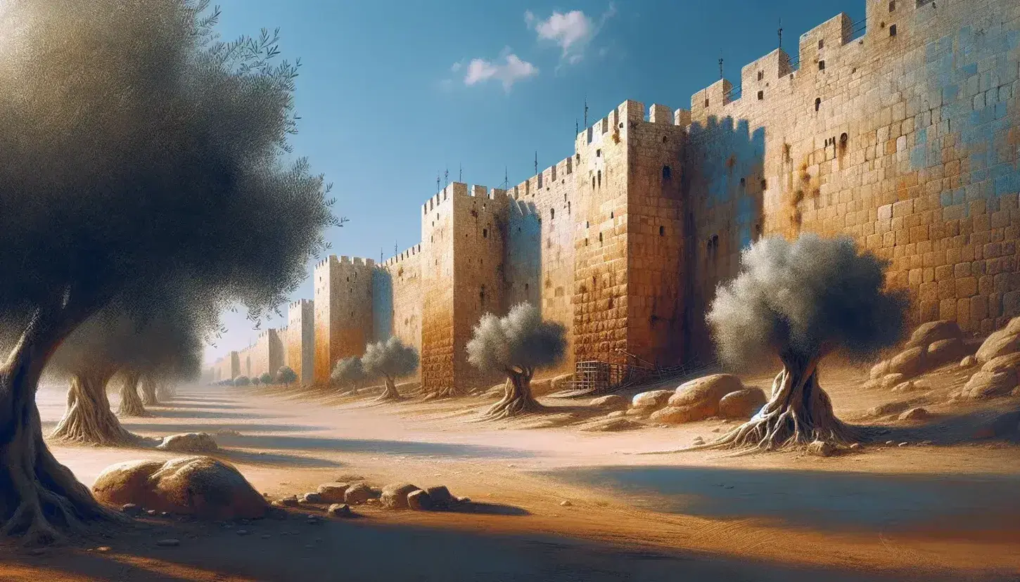 Ancient Jerusalem stone walls under a clear blue sky, with crenellated battlements and scattered olive trees casting long shadows.