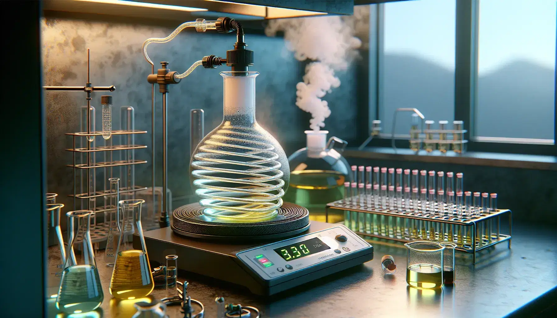 Laboratory with round bottom flask and pale yellow liquid connected to reflux condenser, turned on heating plate and colored test tubes.