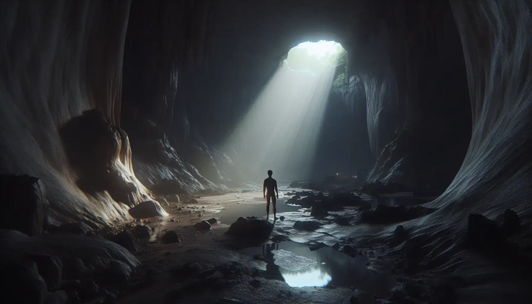 Persona cammina verso apertura luminosa in grotta naturale con pareti grigie, stalattiti e riflessi su pavimento umido.