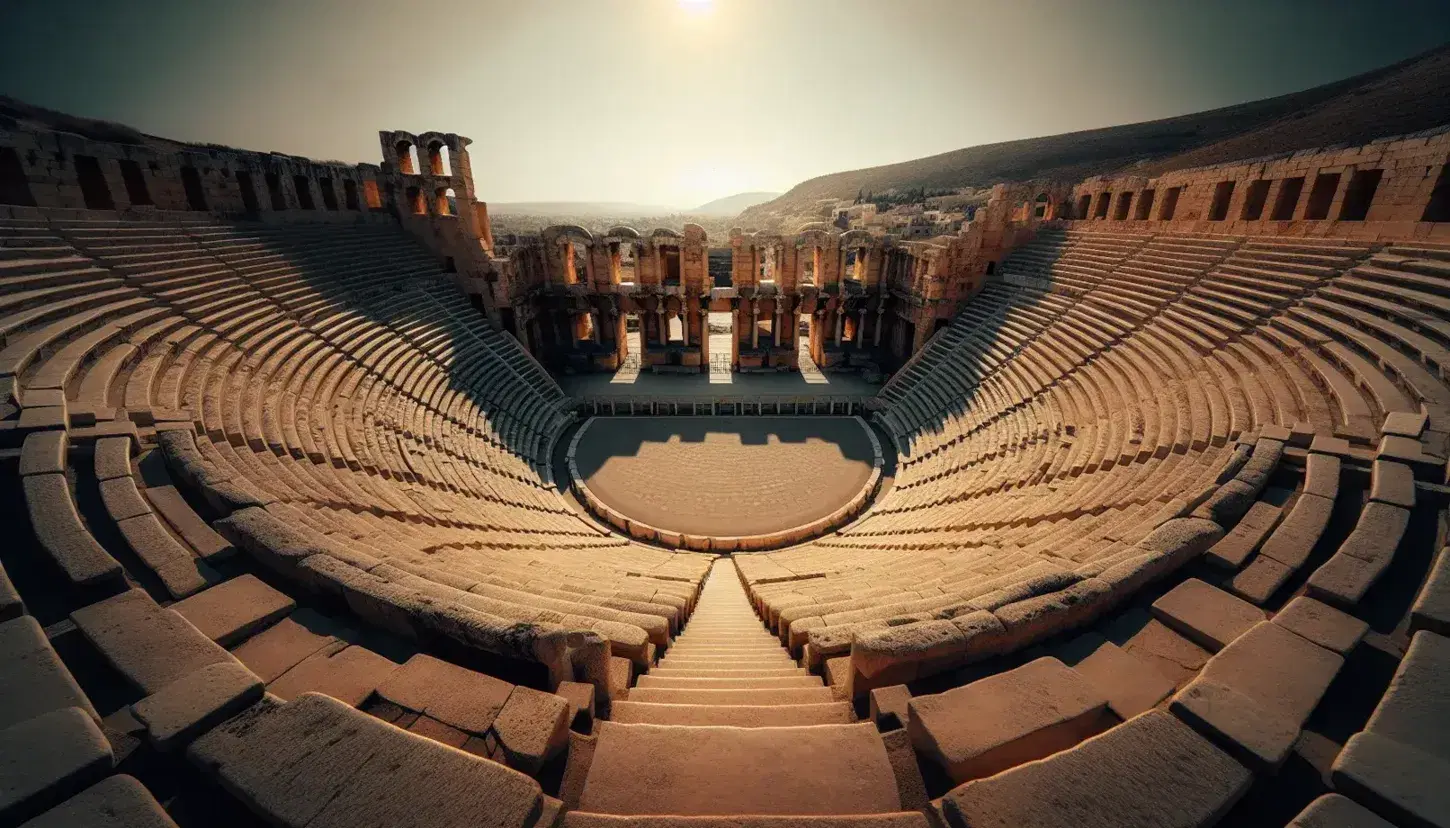 Anfiteatro griego antiguo con orquesta circular y gradas semicirculares en piedra beige bajo cielo azul despejado, sin personas, destacando su arquitectura y simetría.