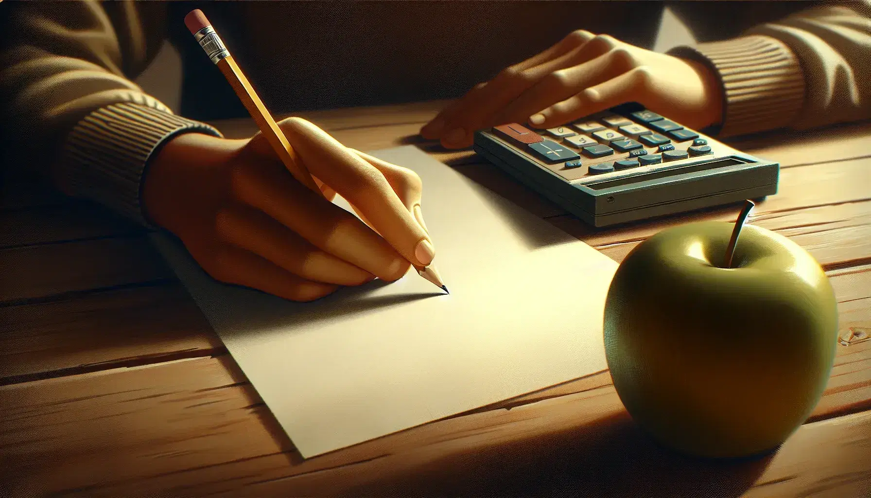 A person's hands on a wooden desk with a yellow pencil, simple calculator and a shiny green apple, in a setting that suggests a classroom.
