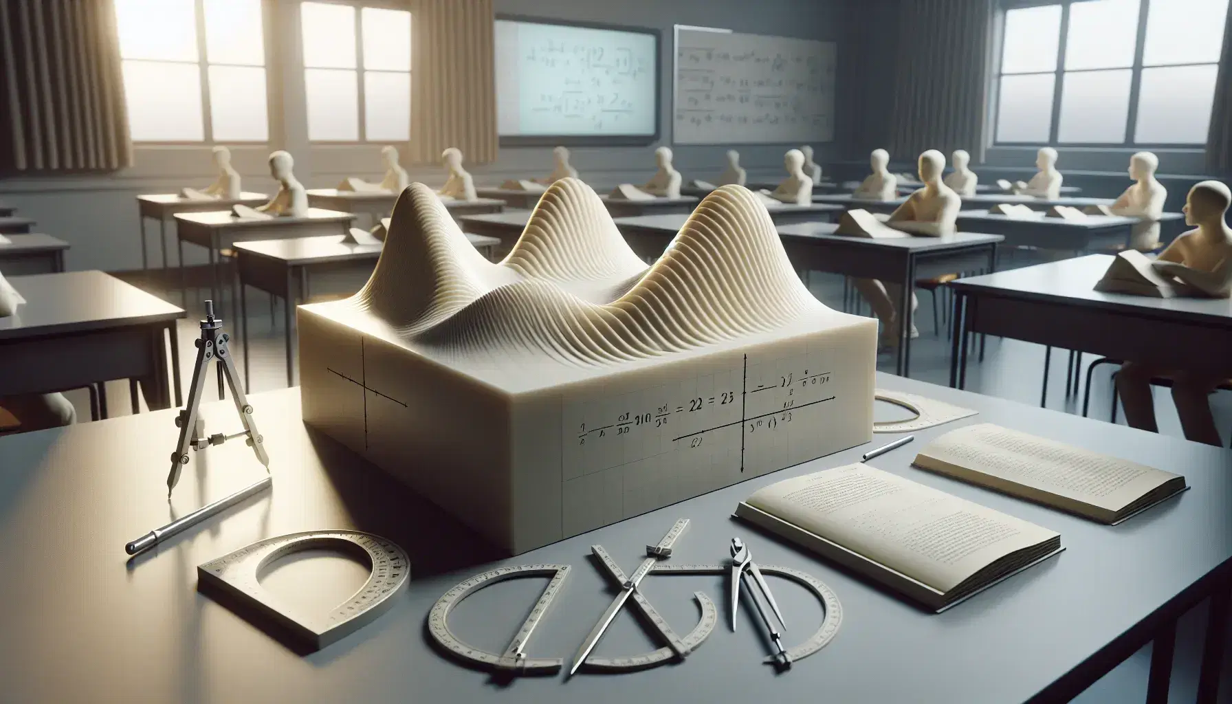 Modello tridimensionale di superficie matematica in aula universitaria con strumenti di misura e studenti sfocati sullo sfondo.