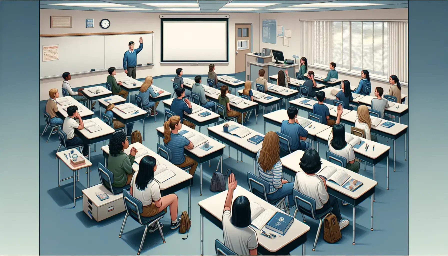 Diverse students in a semi-circle attentively watch a teacher gesturing to a whiteboard in a bright, neutrally-toned classroom.