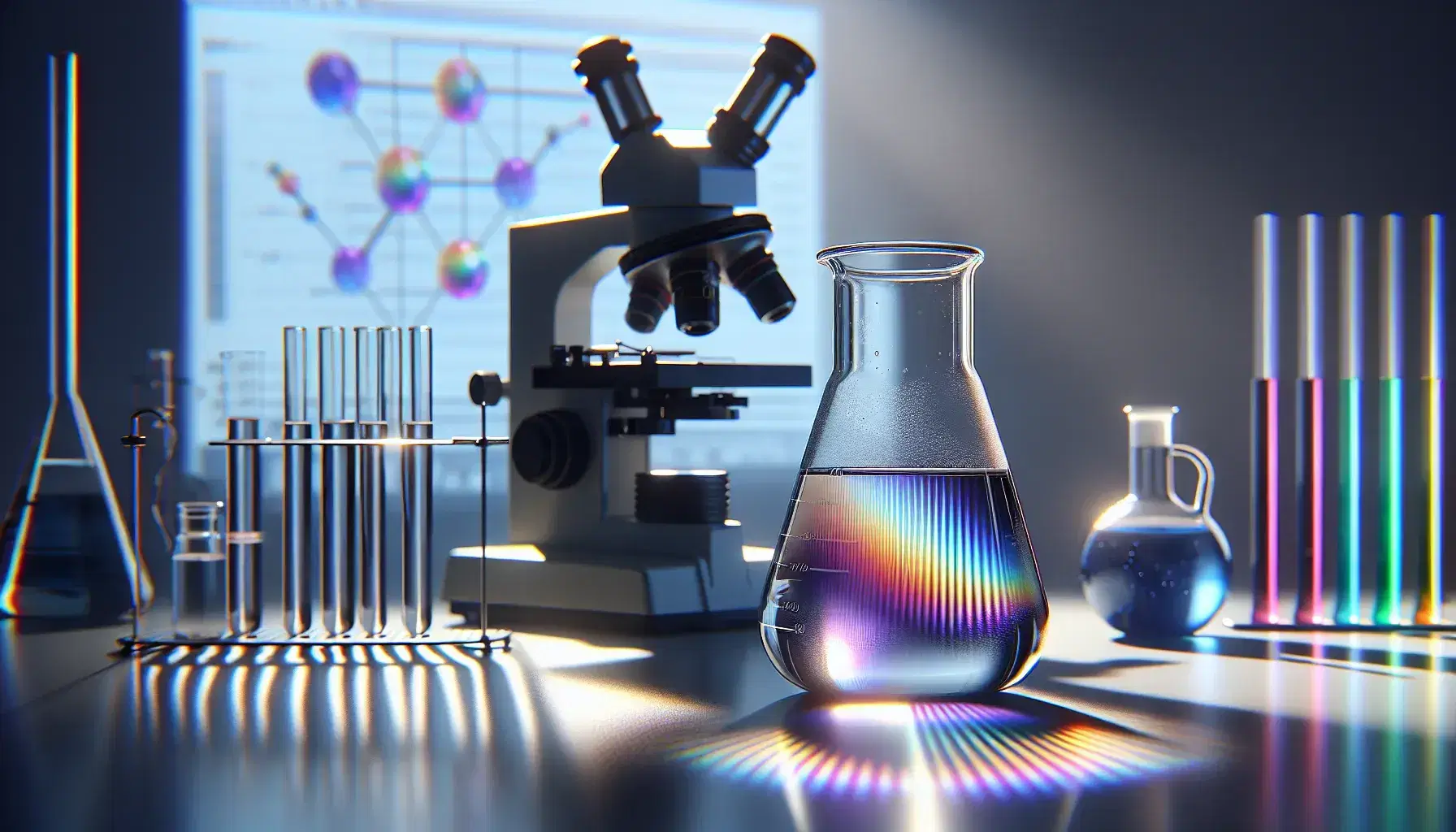 Laboratory scene with a beaker of clear liquid, a microscope, a flask with blue solution, a diffraction grating projecting a color spectrum, and a graph on a computer monitor.