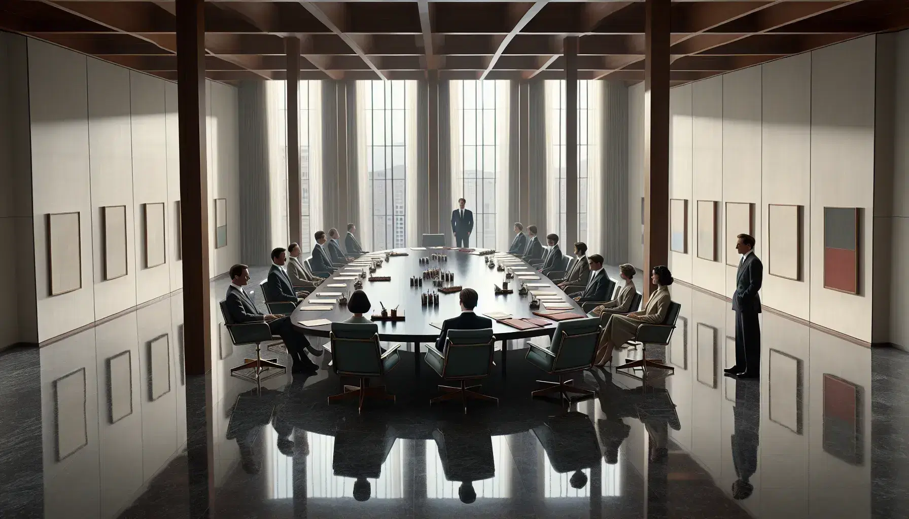 Sala de reuniones amplia y luminosa con mesa ovalada, sillas modernas y personas en traje atendiendo a un expositor, grandes ventanas con vistas urbanas.