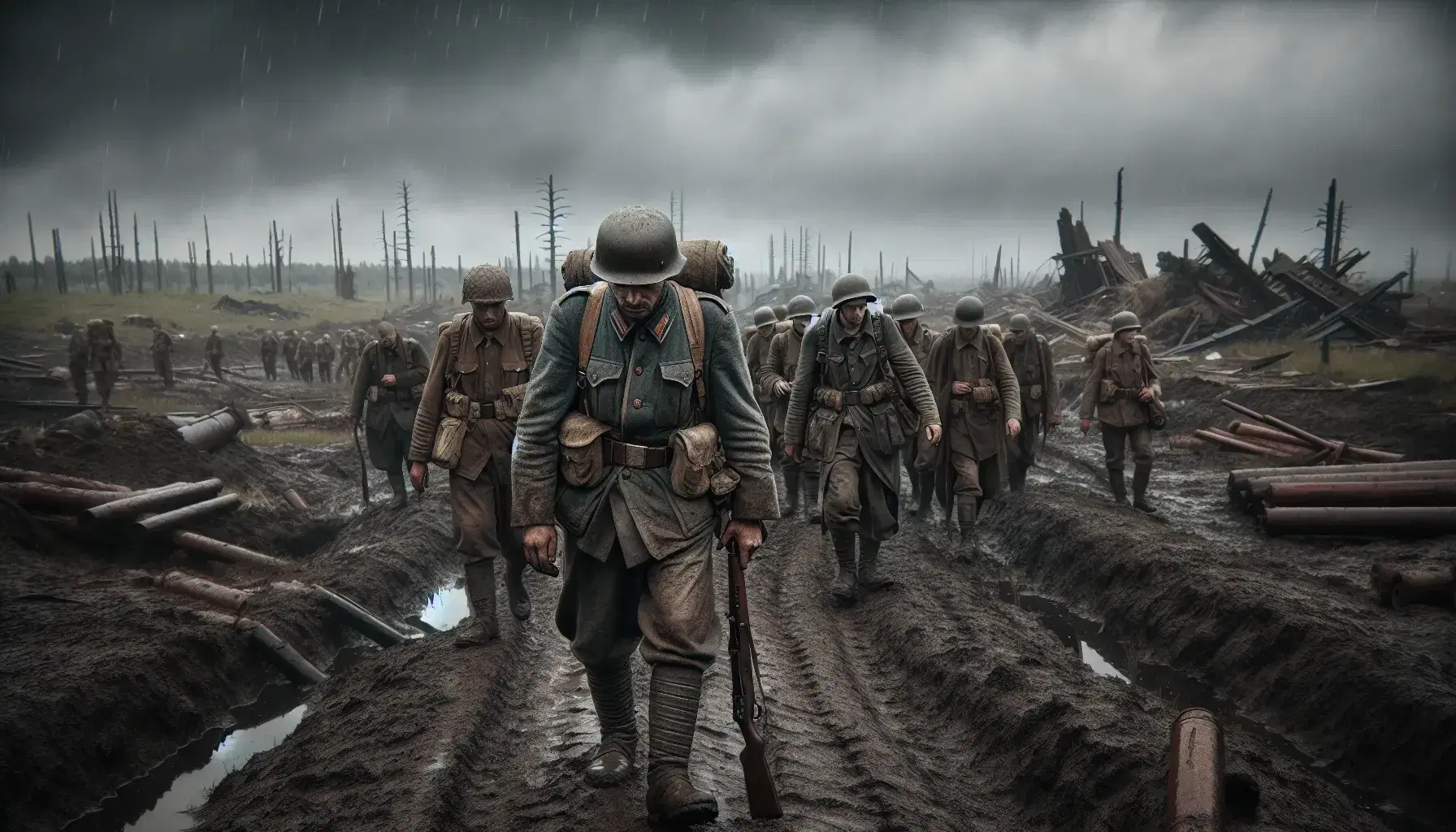 Soldati stanchi in uniforme militare d'epoca marciando su strada fangosa in paesaggio devastato dalla guerra sotto cielo nuvoloso.