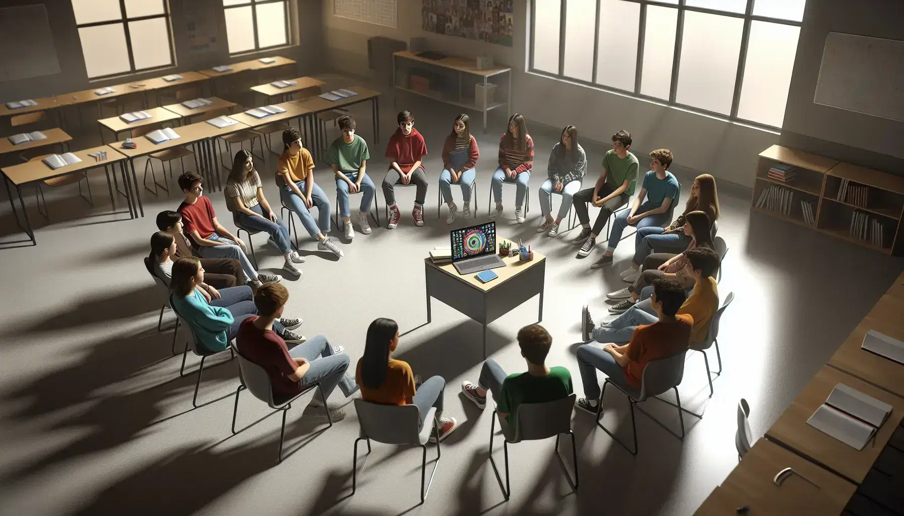 Studenti dai 12 ai 16 anni seduti in cerchio con laptop acceso e fogli sul tavolo in aula illuminata naturalmente, discutono attivamente.