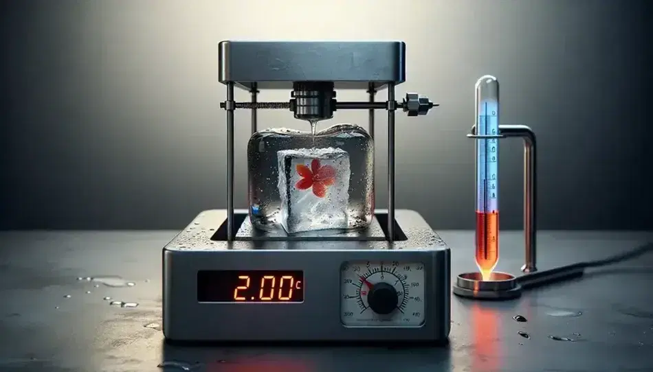 Experimento de calorimetría con calorímetro metálico y termómetro, bloque de hielo derritiéndose y mechero Bunsen encendido en laboratorio.