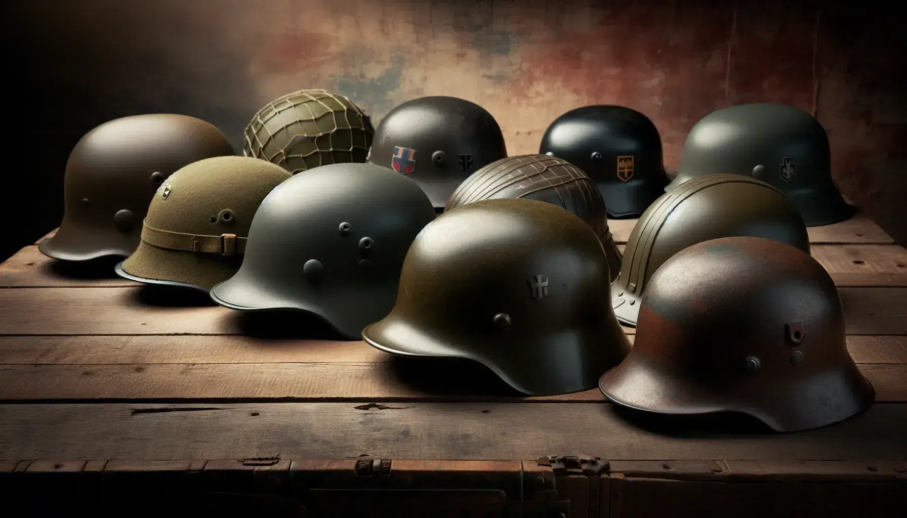 Colección de cascos militares de la Segunda Guerra Mundial en fila sobre superficie de madera desgastada, con fondo de pared de ladrillo antiguo.