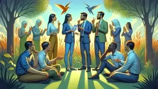Group of people in conversation outdoors, Caucasian man explains to Hispanic woman, two use sign language, Asian shows smartphone to black person.