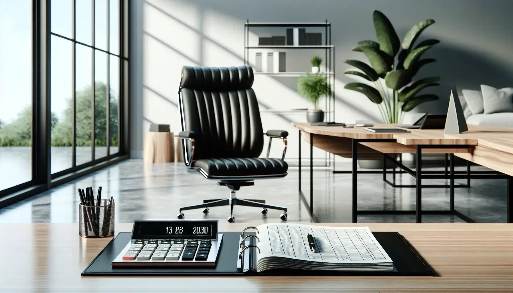 Modern accounting office with polished wooden desk, advanced calculator, blank papers, open ledger, black leather chair, and a potted plant by large windows with sheer curtains.