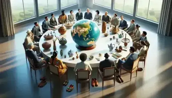 Diverse professionals in formal wear engage in a meeting around a table with a globe and multicultural artifacts in a sunlit room.