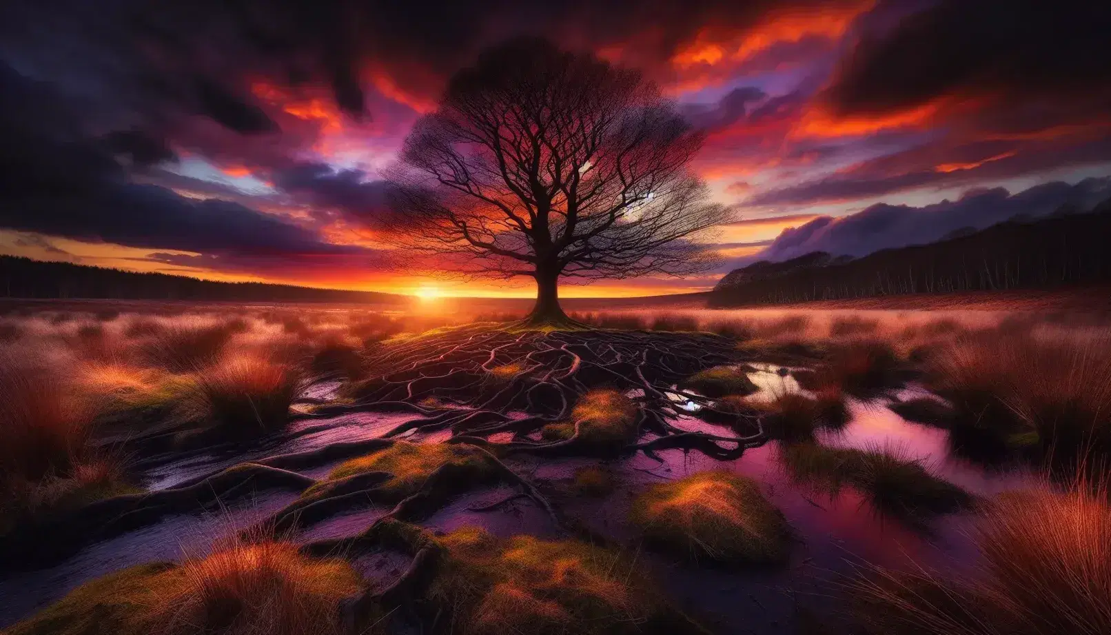 Albero spoglio al tramonto con radici visibili, cielo infuocato e ruscello che riflette i colori vivaci del cielo.