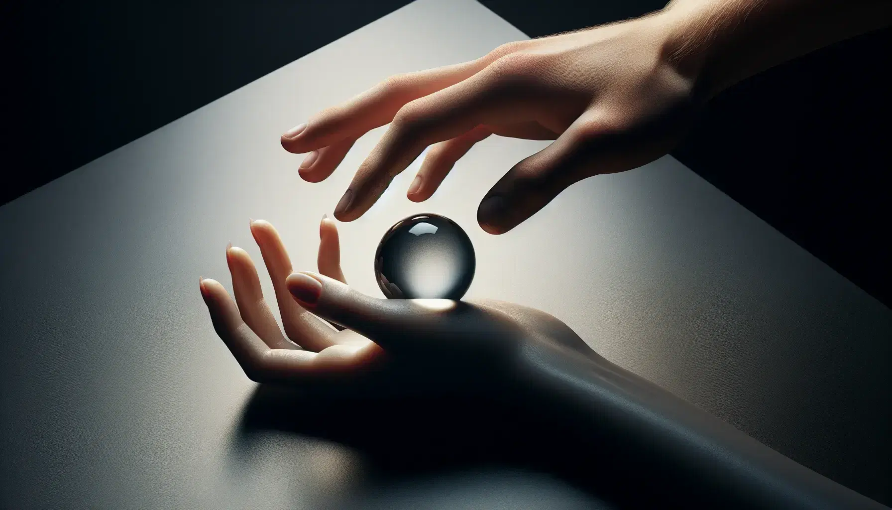 Two diverse hands, one touching a matte black surface and the other hovering above, frame a clear glass sphere with a highlighted top, on a gradient gray background.
