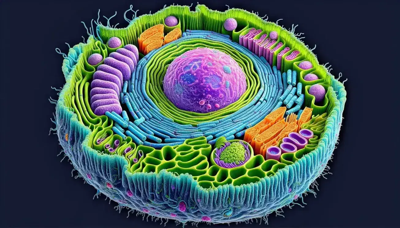 Célula eucariota en microscopio con núcleo morado, nucleolo claro, retículo endoplásmico azul y aparato de Golgi verde sobre fondo negro.