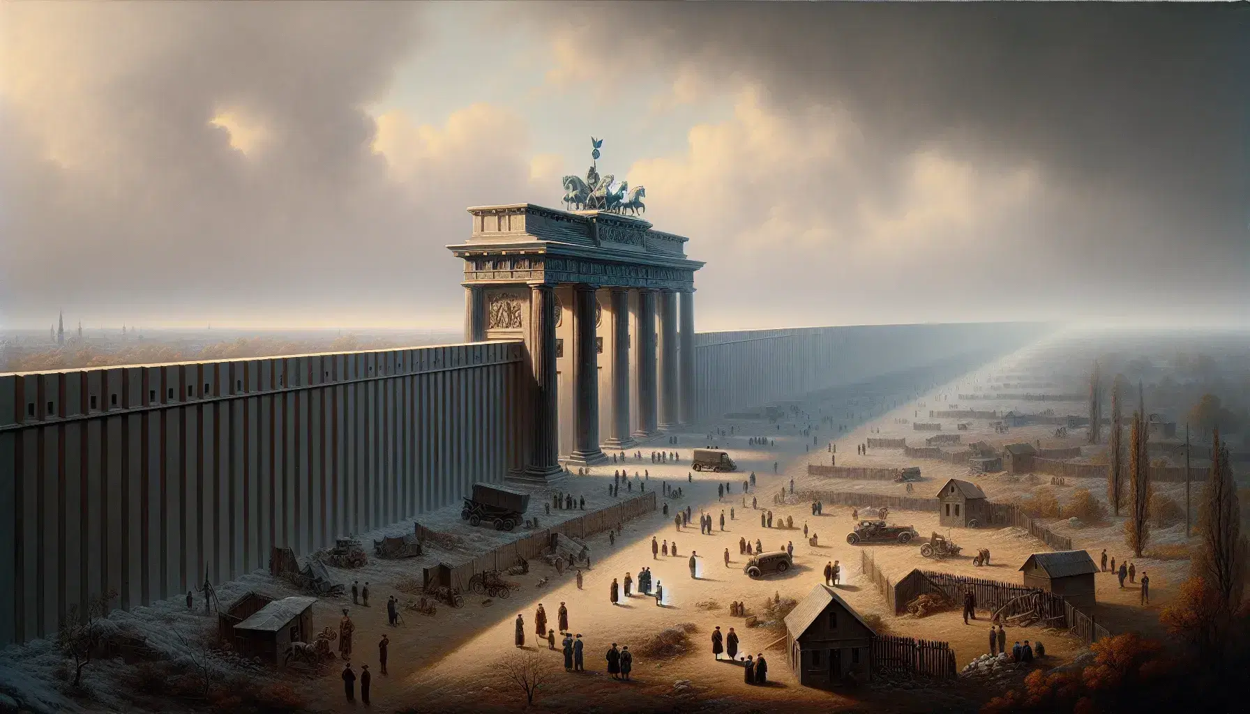 Neoclassical gate with chariot and horse sculpture, concrete wall divides the city, watchtower, people in 40s-50s clothes, dull atmosphere.