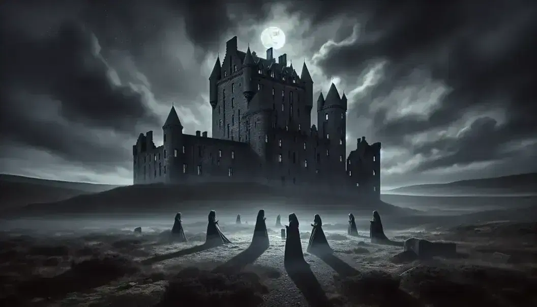 Castello di Glamis notturno con luna piena, tre figure femminili in abiti scuri compiono un rituale in un paesaggio nebbioso e misterioso.