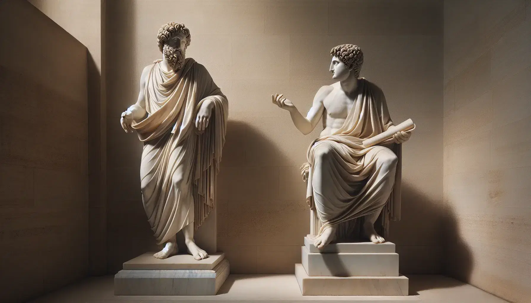 Estatuas de mármol blanco de dos hombres antiguos, uno barbudo con la mano extendida y otro joven con un rollo de papiro, bajo luz natural.