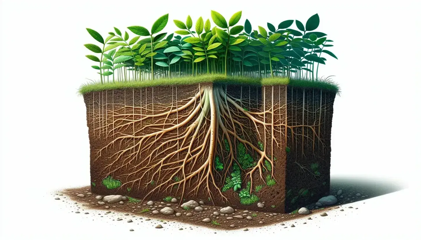 Sezione trasversale di terreno erboso con radici intricate nel suolo umido e pianta con stelo verde e foglie lucide.