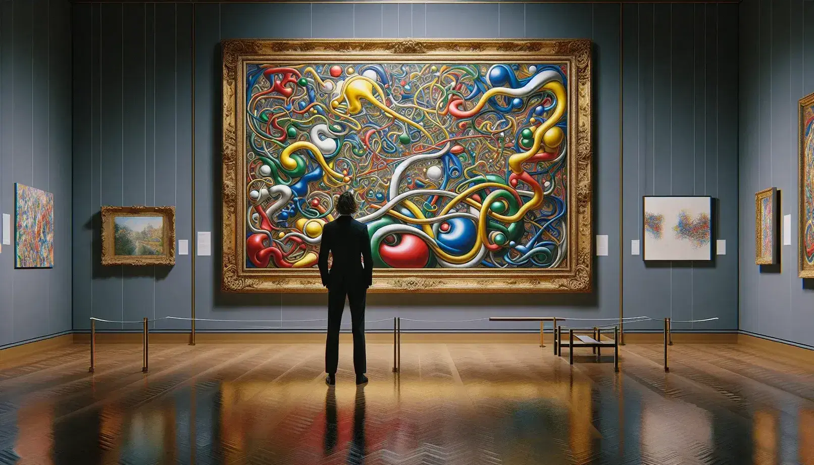 Persona osserva quadro astratto dai colori vivaci in cornice dorata in una galleria d'arte con illuminazione soffusa e pavimento in legno lucido.