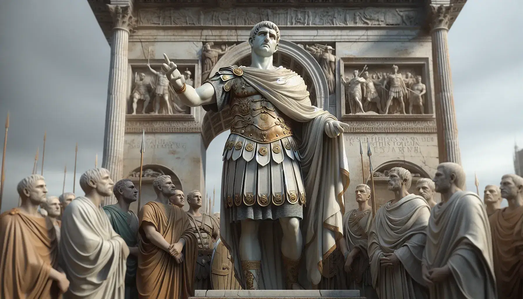 Statua marmorea dell'imperatore Costantino in armatura romana con gladio e arco trionfale con rilievi storici e gruppo di dignitari in toga sullo sfondo.