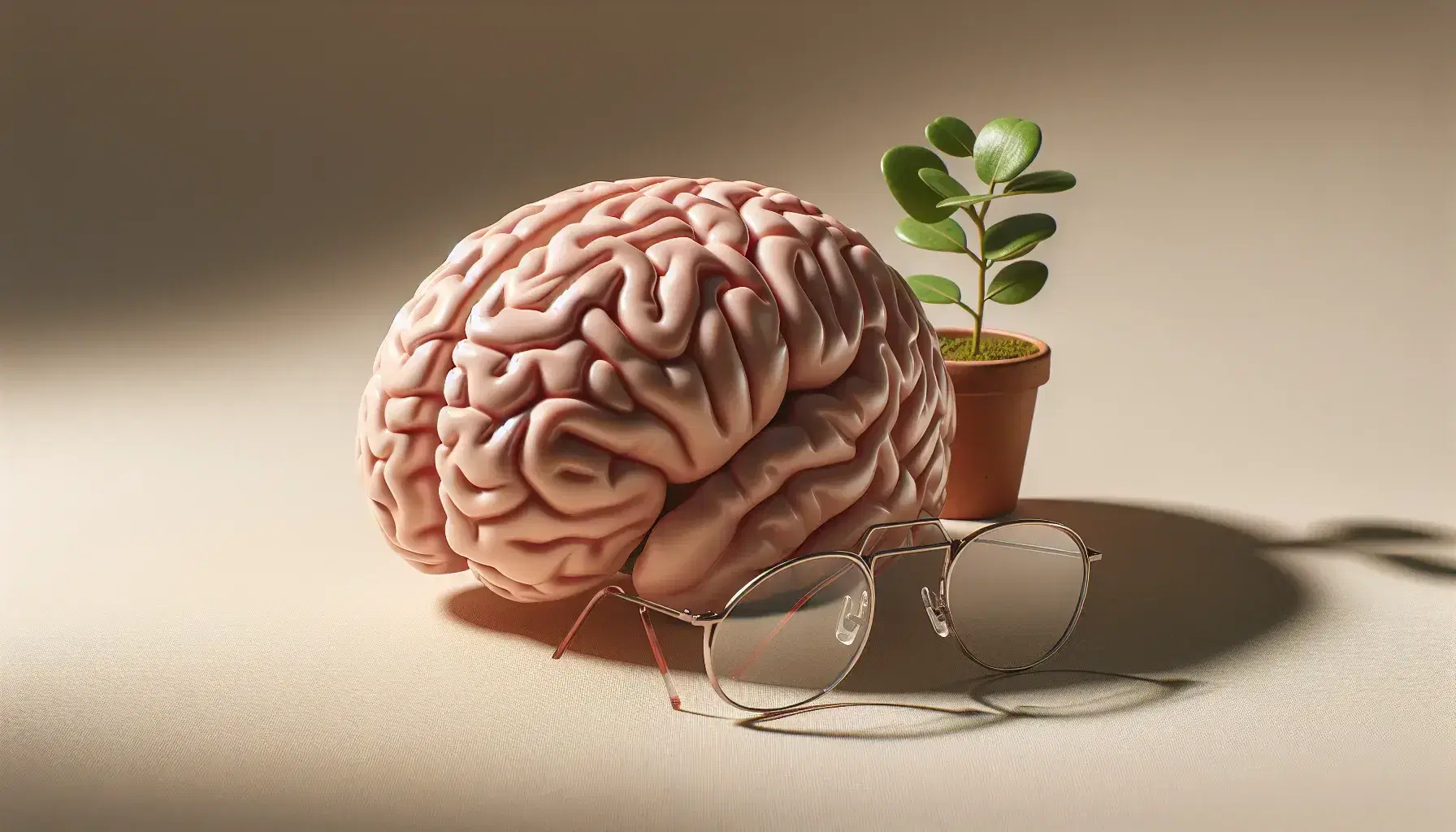 Detailed model of human brain with visible sulci and gyri, wire-rimmed glasses and green plant in terracotta pot on neutral background.