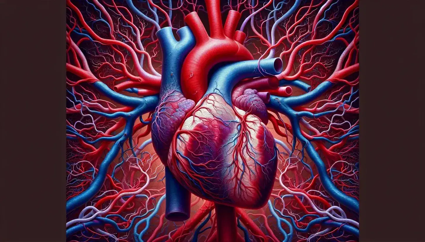 Sezione trasversale dettagliata del cuore umano con arterie rosse, vene blu e capillari, senza testo o simboli.