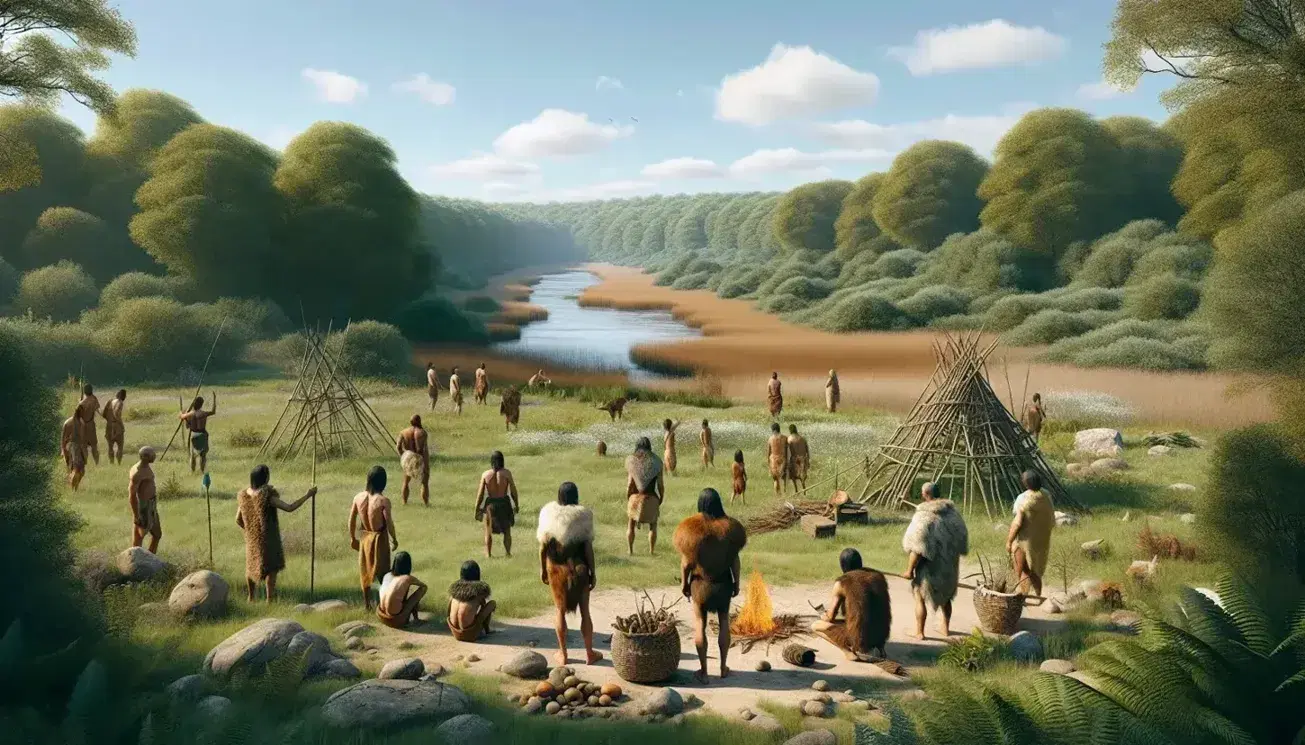 Paisaje natural con prado verde, cielo azul y grupo de figuras humanas en atuendos de pieles con lanza y cesta de frutos, junto a refugios y río serpenteante.