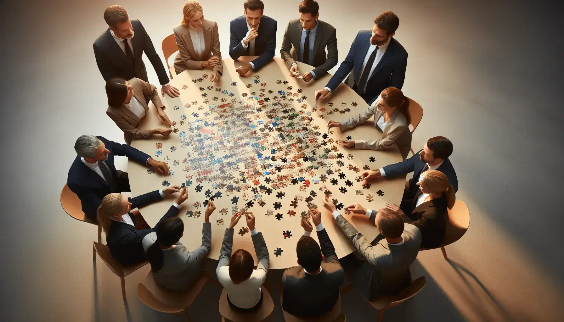 Grupo diverso de profesionales colaborando en un rompecabezas sobre mesa redonda de madera en ambiente de oficina.