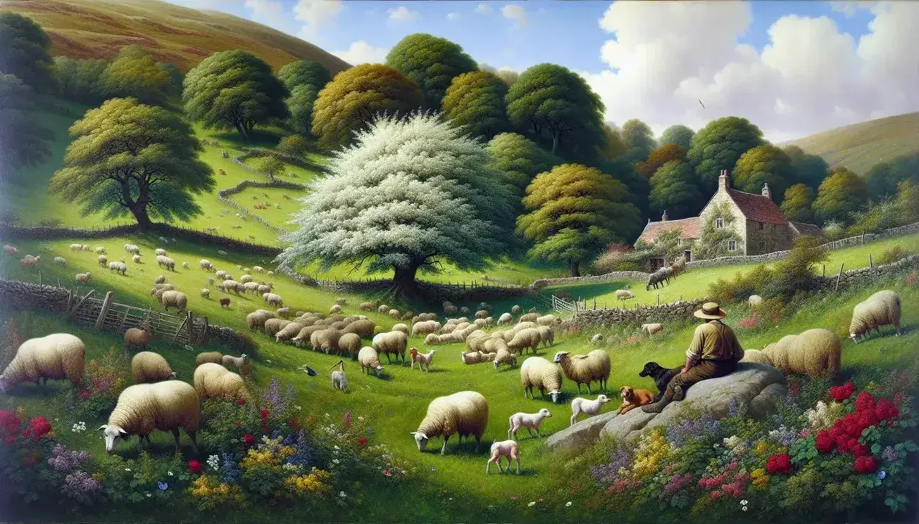 Paesaggio bucolico con prato verde, pecore al pascolo, pastore e cane, casa di campagna su collina, bambino che legge sotto ciliegio fiorito.