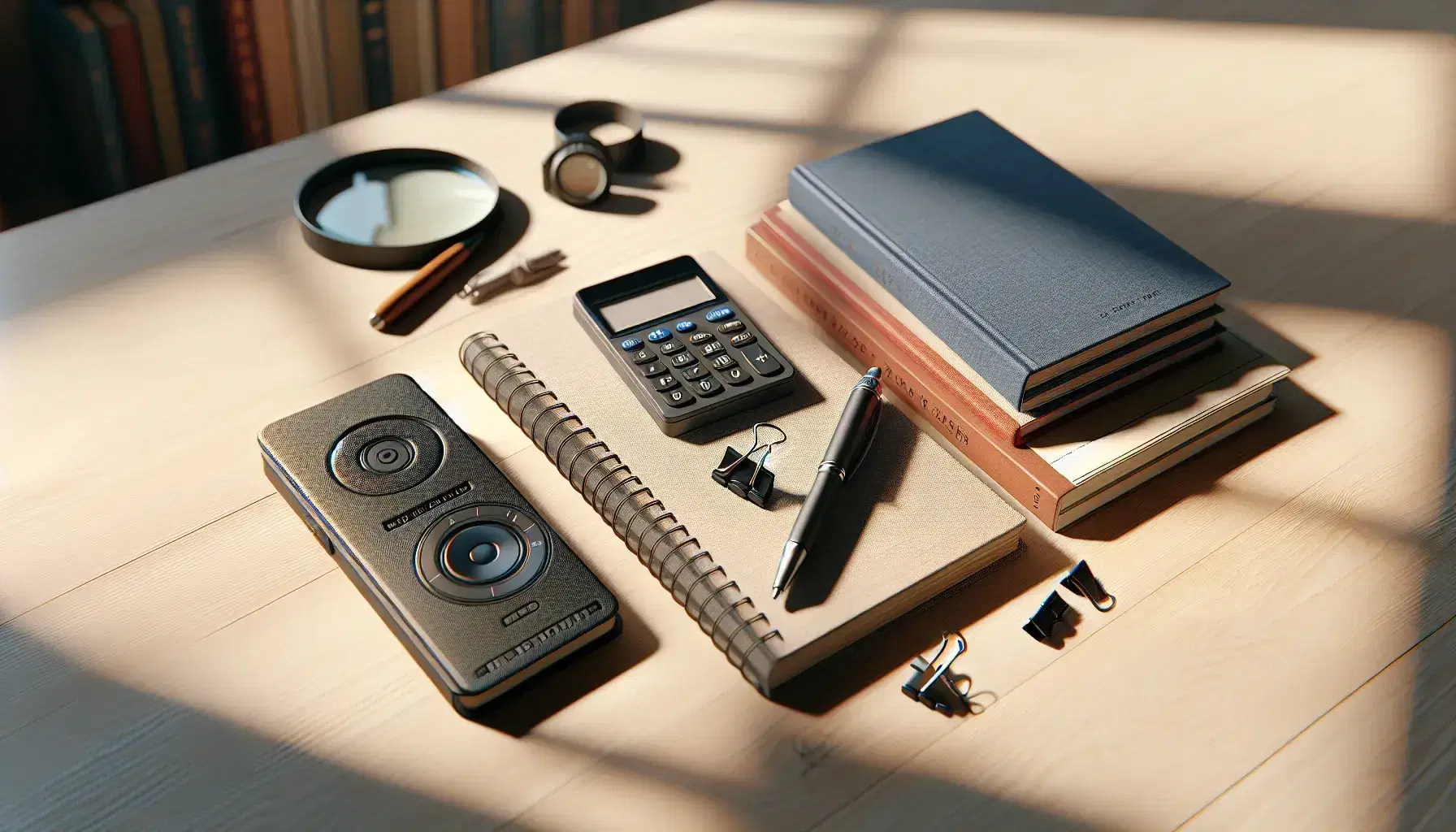 Mesa de madera clara con grabadora de voz digital, cuaderno con bolígrafo, calculadora científica y libros apilados junto a una lupa, bajo luz natural.