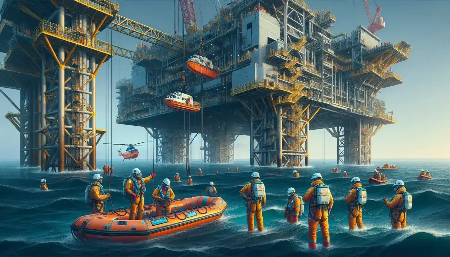 Workers in suits and helmets on offshore oil platform perform safety drill, with rescue helicopter and orange lifeboat.