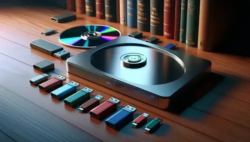 Secondary storage devices on wooden surface, including silver external hard drive, colorful USB sticks and black SSD, with blurry books background.