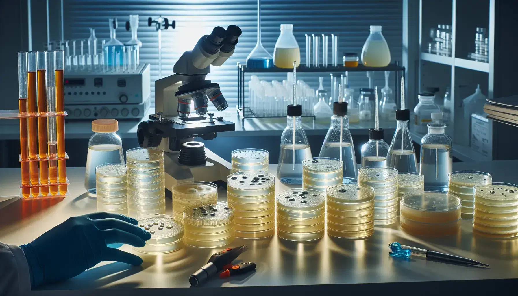 Laboratorio di microbiologia con piastre di Petri contenenti colture batteriche, microscopio binoculare e braccio guantato.