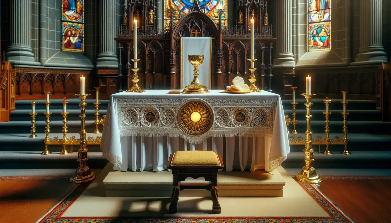 Traditional Catholic altar with a white cloth, golden chalice, liturgical candle, and stained glass windows in a serene church setting.