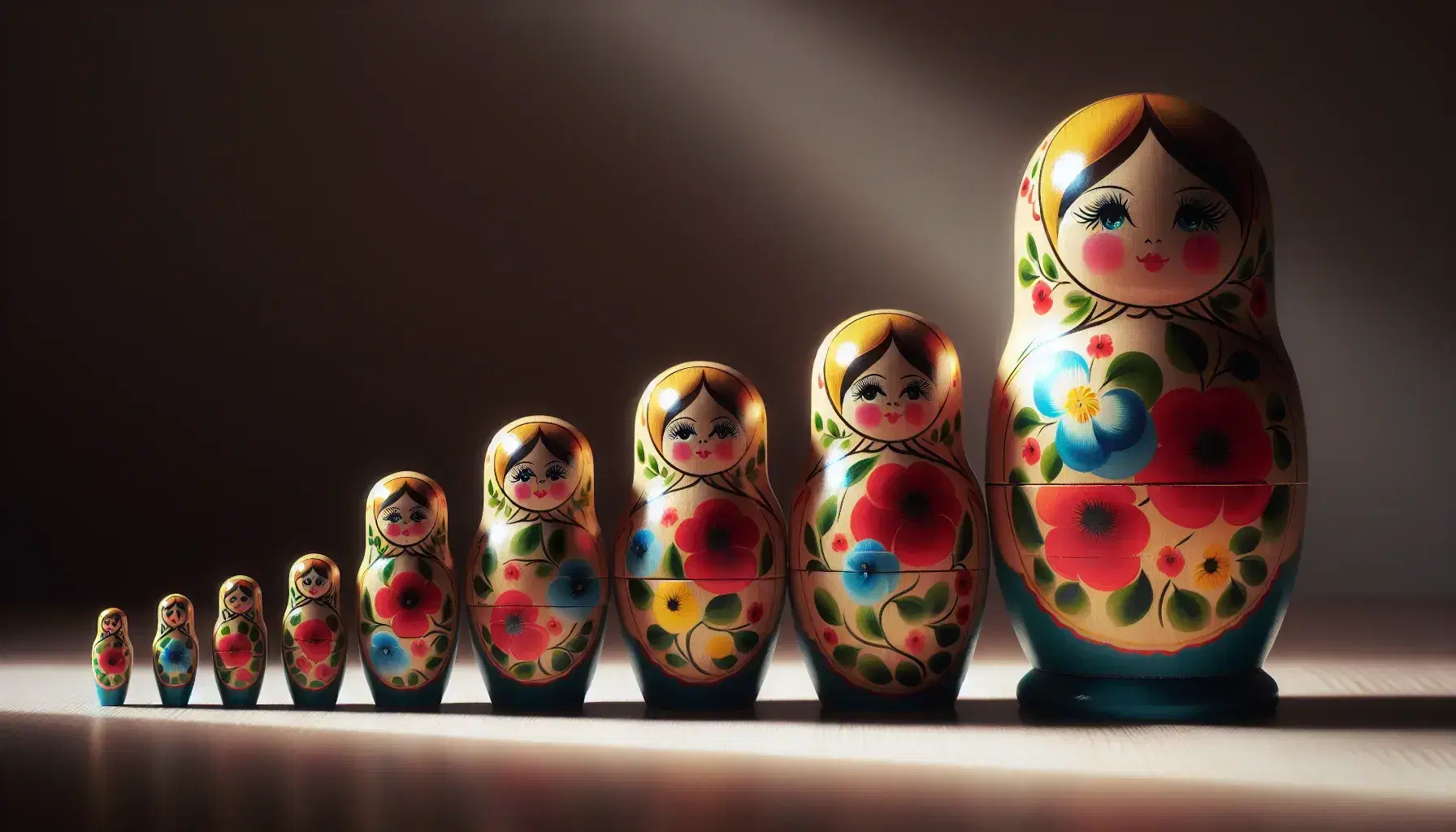 Cinque bambole Matryoshka in legno in scala decrescente, con la più grande aperta mostrando le altre all'interno, decorate con motivi floreali colorati.