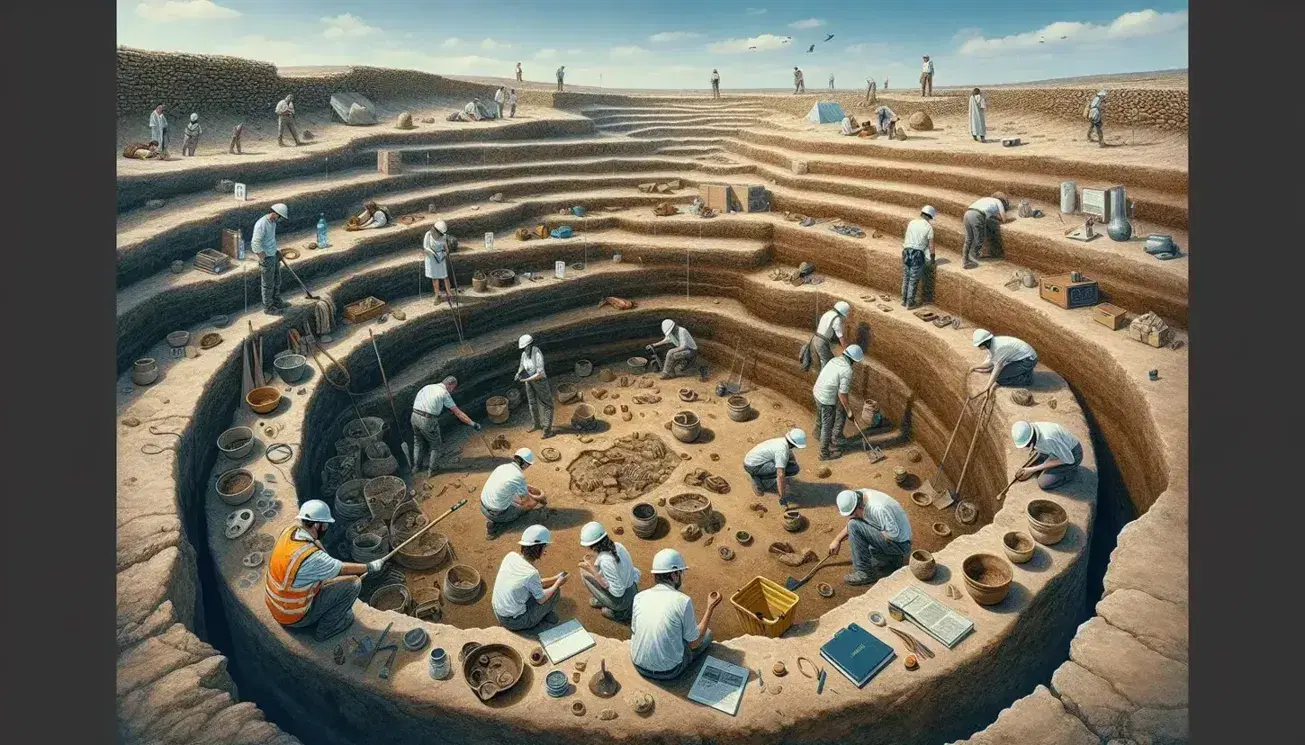Scavo archeologico con archeologi al lavoro in una fossa stratificata, documentazione di reperti e rovine antiche sullo sfondo.