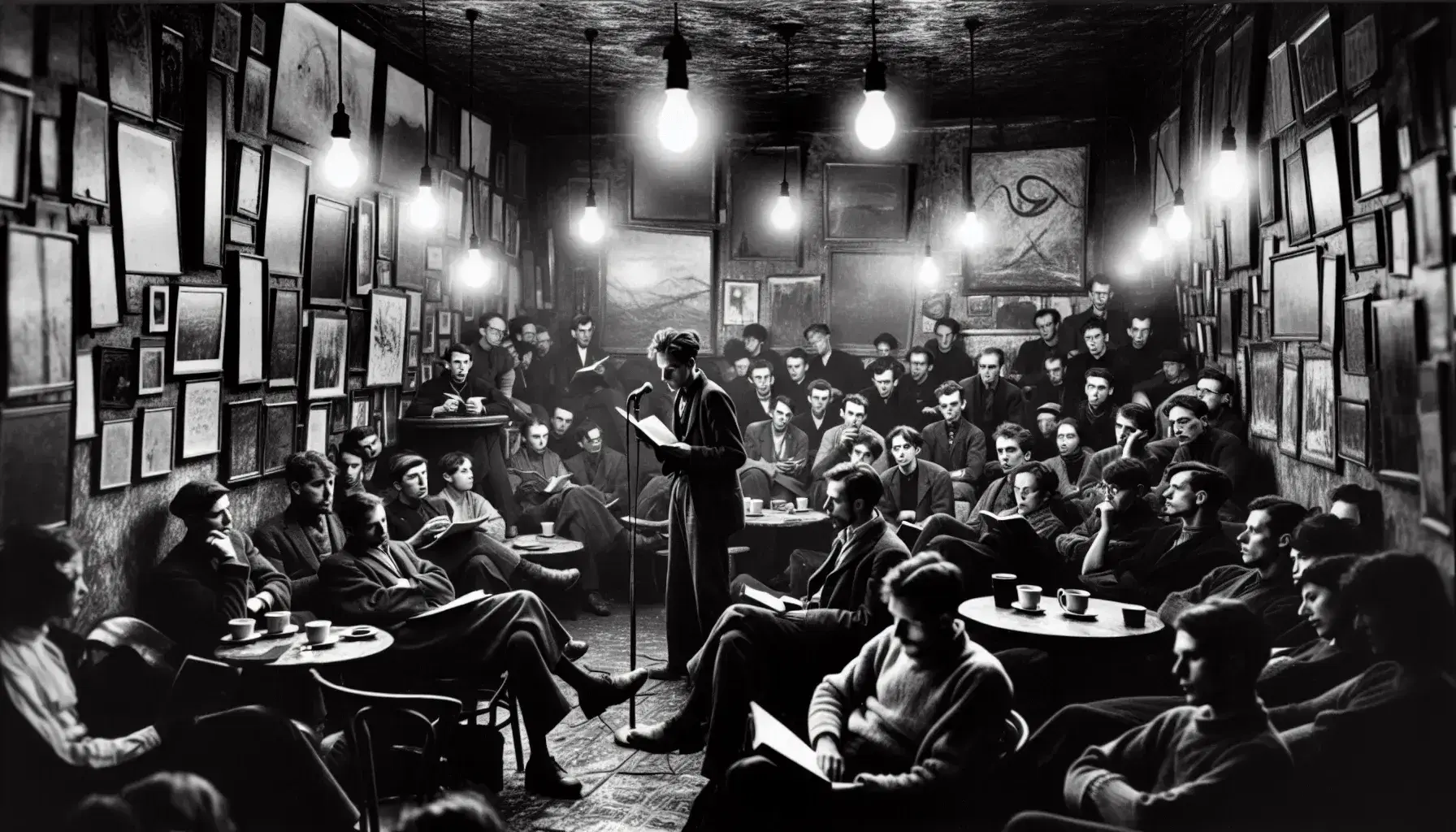Vintage black and white photo of a poetry reading in a bohemian coffeehouse, with an engaged audience listening to a speaker at a microphone.