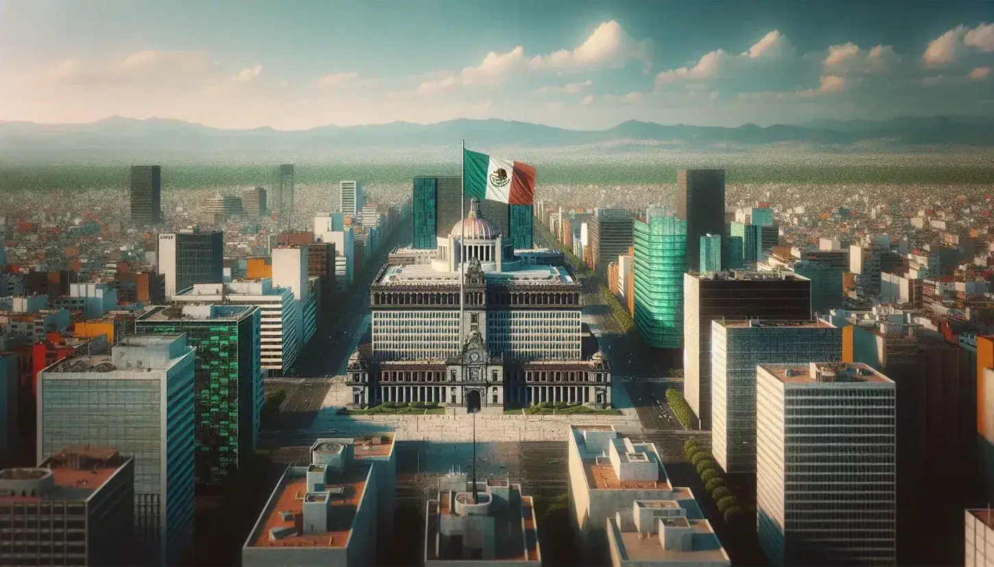 Vista panorámica de la Ciudad de México con edificios modernos, un domo destacado y la bandera nacional ondeando, rodeados de áreas verdes bajo un cielo azul claro.
