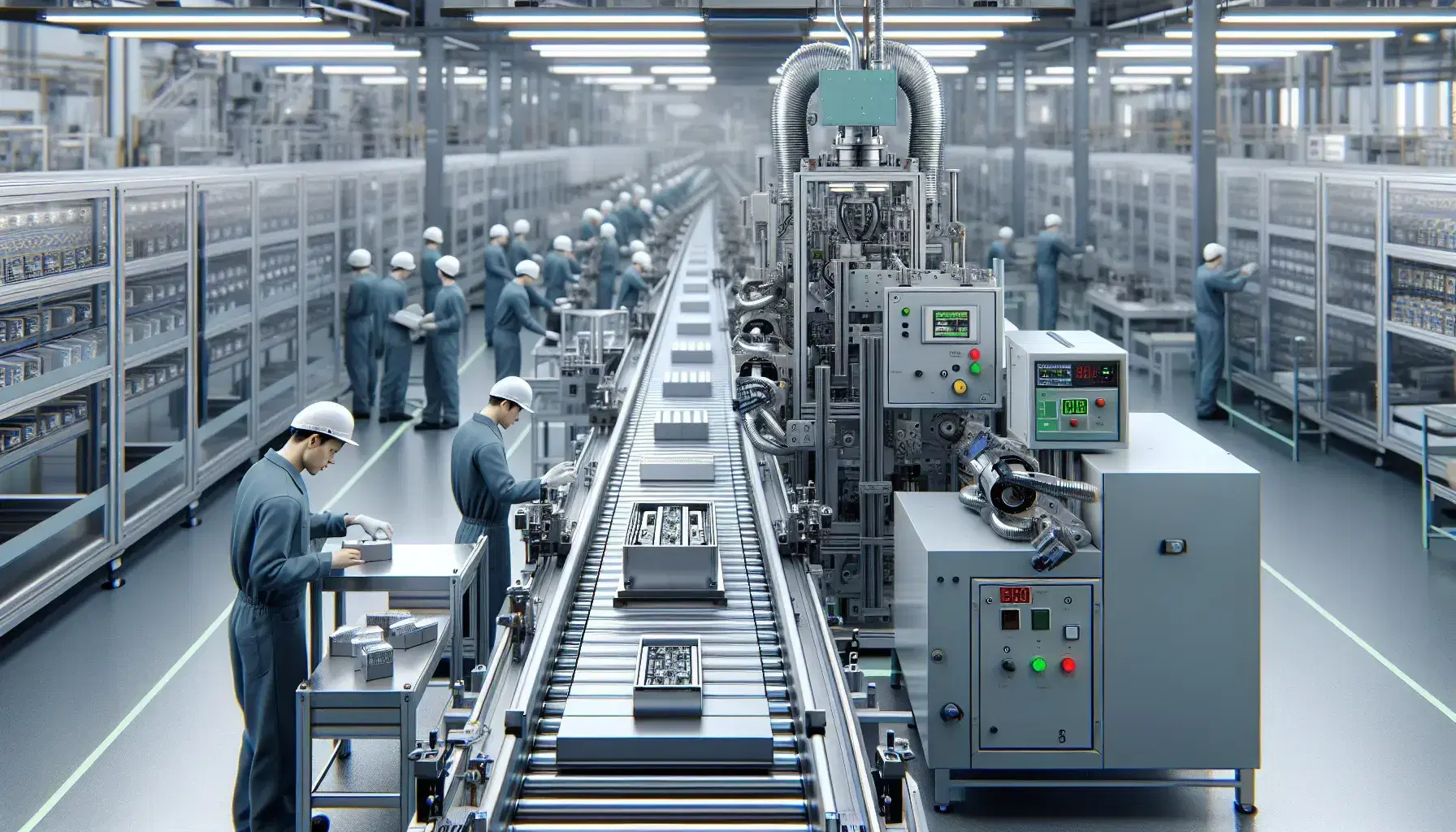 Línea de montaje industrial con productos en proceso, operarios atentos y maquinaria automatizada bajo luz fluorescente.