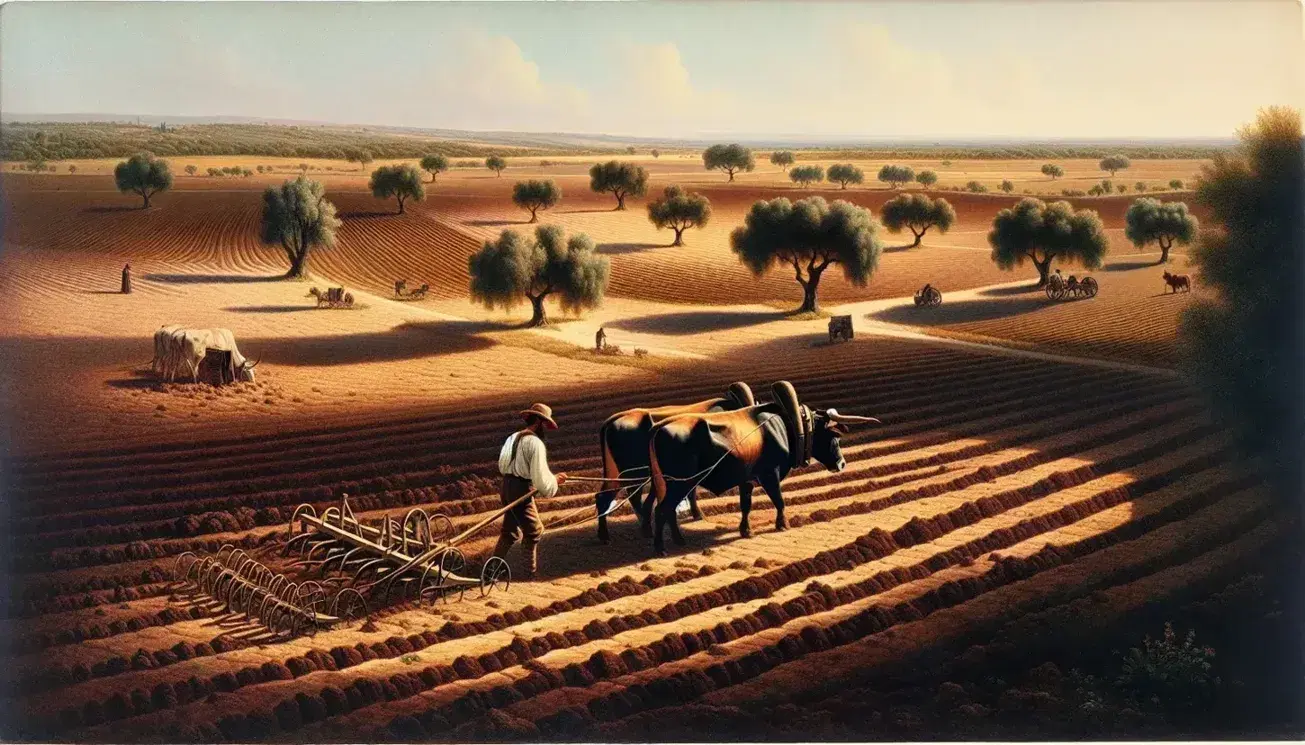 Paesaggio rustico del Sud Italia con contadino che ara campi con buoi, cielo sereno e alberi sparsi, senza elementi moderni.