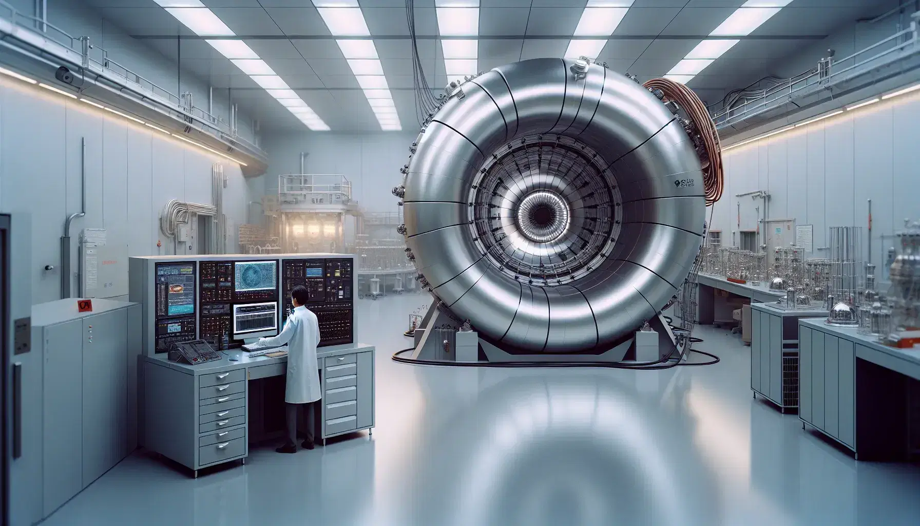 Science laboratory with circular particle accelerator, scientist at computer and steel instrumentation on bench.