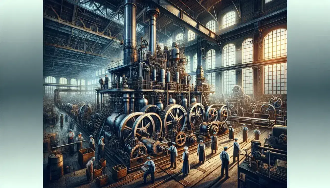Escena de fábrica de la Segunda Revolución Industrial con trabajadores operando maquinaria a vapor entre engranajes y pistones, bajo una iluminación tenue y sin emisiones visibles.