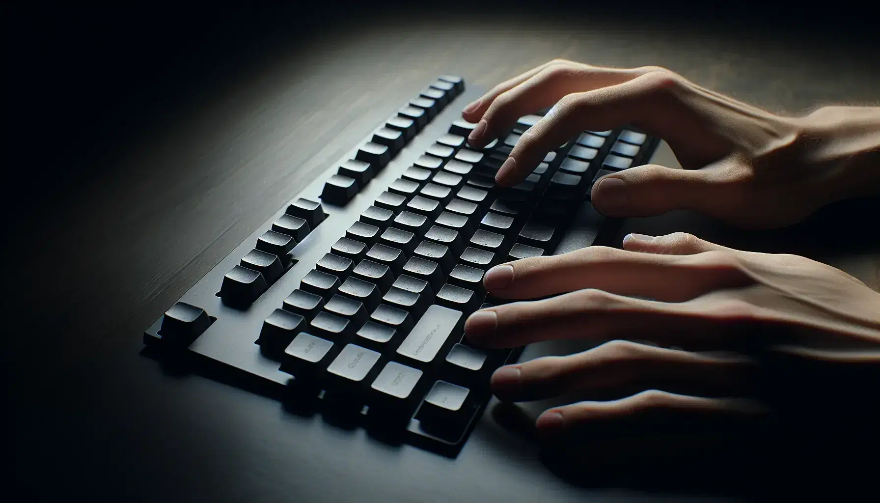 Close-up of hands resting on black QWERTY keyboard with dark background, soft lighting and sharp details, with no legible symbols.