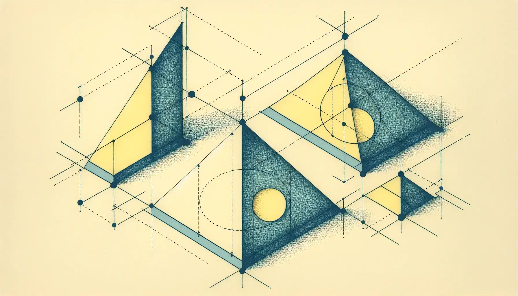 Two blue triangles with marked angles and two yellow rectangles with equal width-to-length ratios, arranged on a dotted grid background.