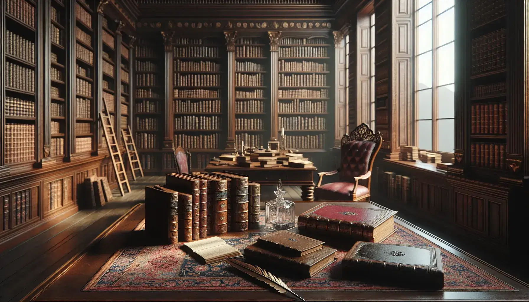 Biblioteca antica con tavolo in legno, libri rilegati, penna d'oca, calamaio di vetro, librerie piene, scala, sedia intagliata e tappeto persiano.