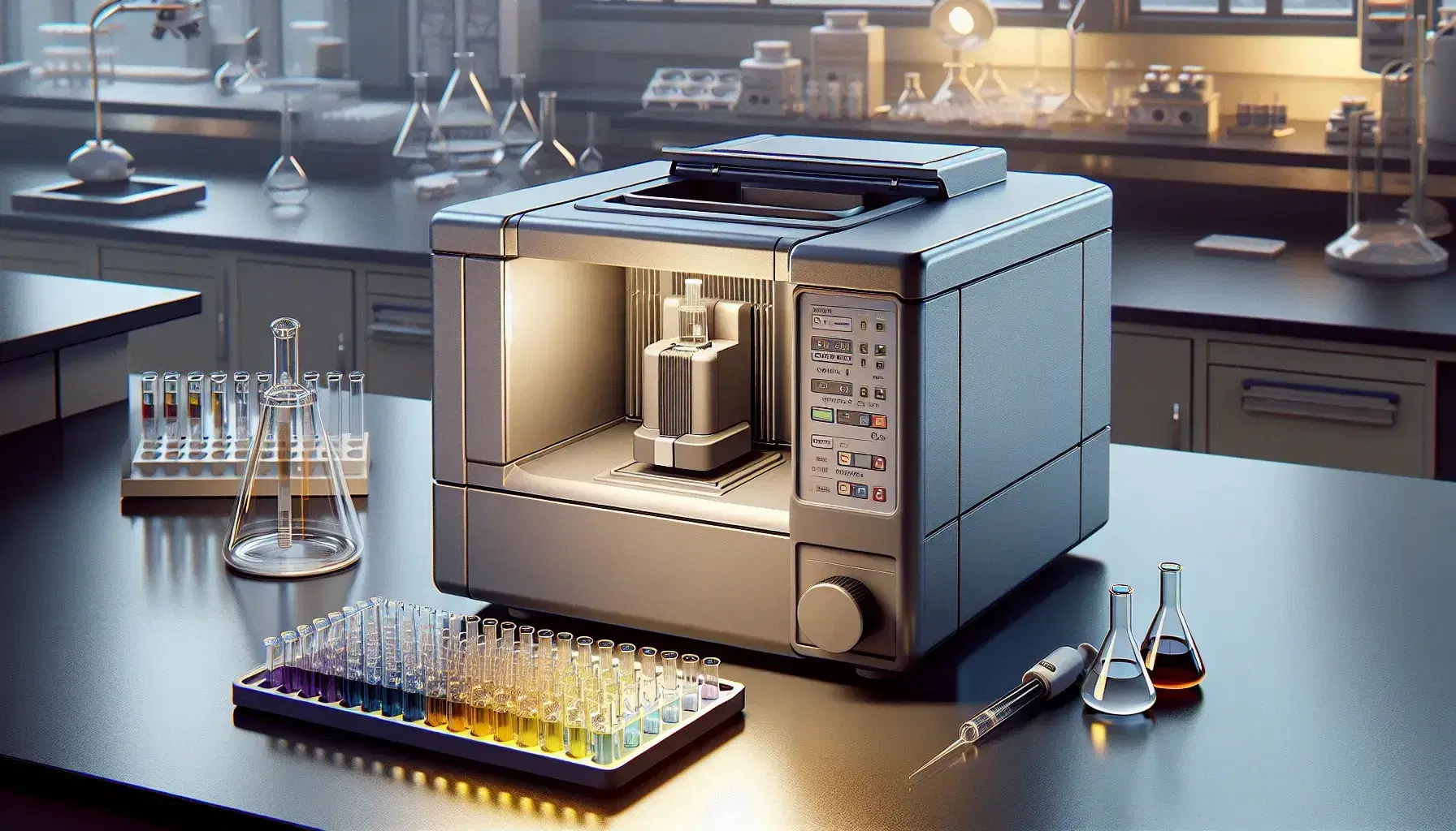 Laboratory UV-Vis spectrophotometer with closed lid, next to transparent cuvettes with colored liquids and pipette on stand.