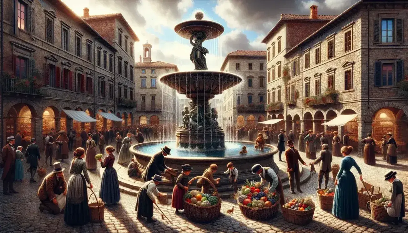Piazza italiana post-unitaria con fontana centrale, statue, persone in abiti d'epoca, carretto trainato da cavallo e venditori di frutta.