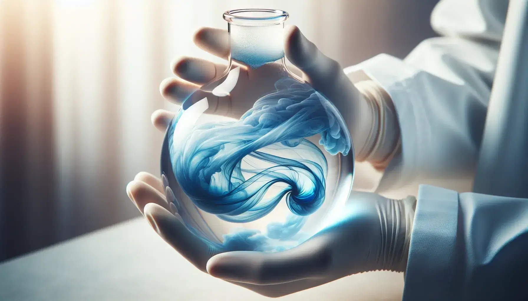 Hands in white latex gloves holding a glass flask with a blue gradient liquid, in a blurred laboratory setting, reflecting soft white light.